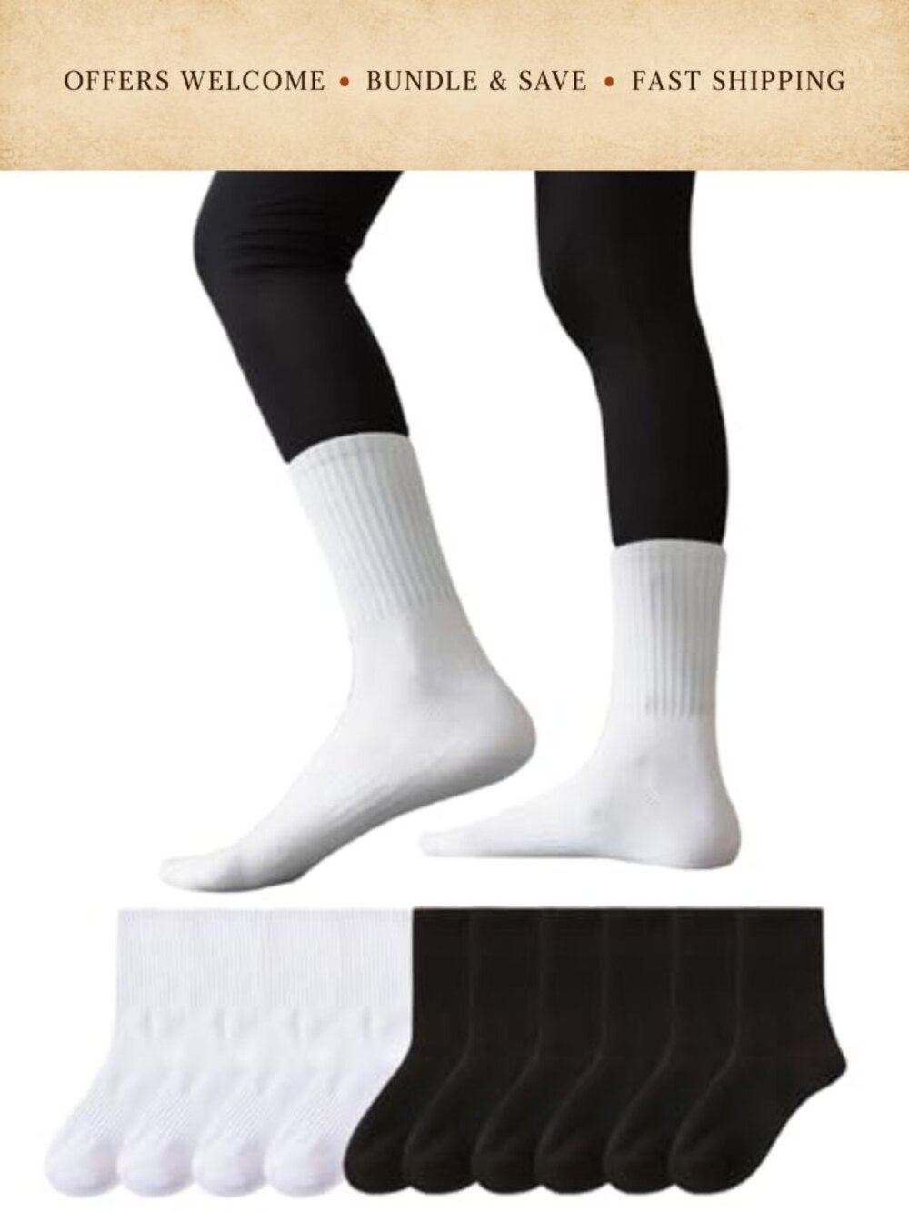 5 Pairs Women Cotton Crew Socks Calf Length Athletic Arch Support